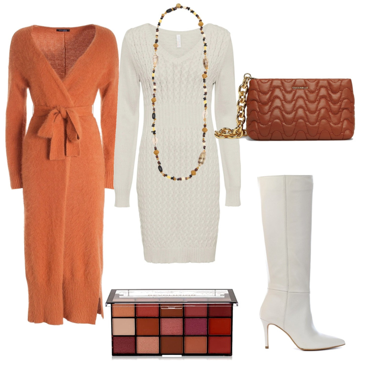 Outfit donna - Un aperitivo insieme. Stile Trendy per Tutti i giorni. Abbinamento con vestiti, stivali, cardigans, collane, clutch, ombretti.