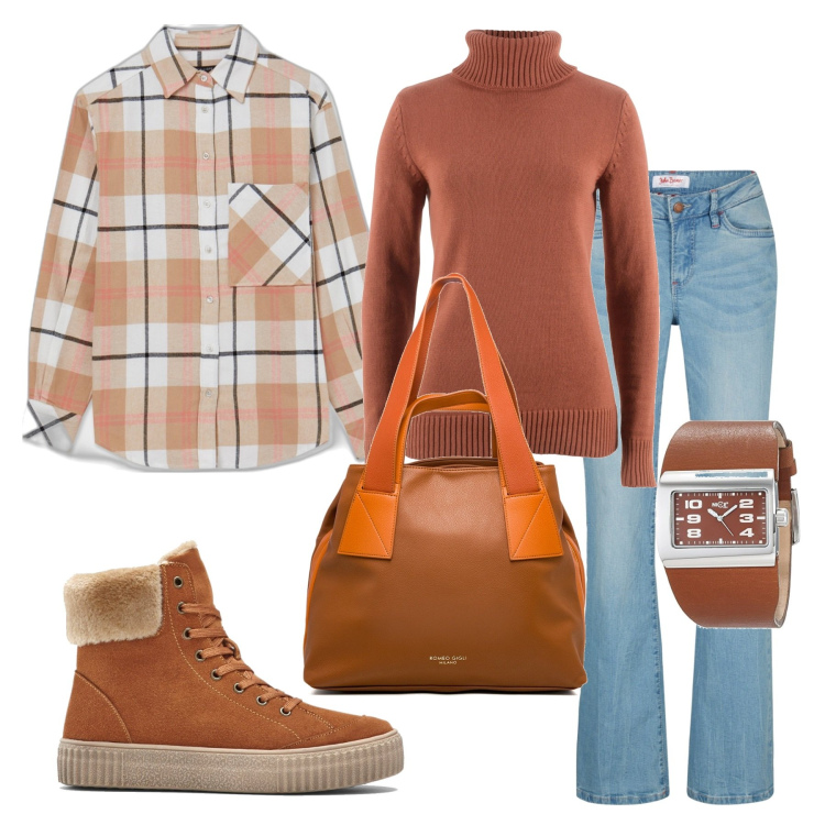 Outfit donna - La camicia sopra al pullover. Stile Basic per Tutti i giorni. Abbinamento con jeans bootcut, stivaletti, maglieria, camicie, borse a spalla, orologi analogici.