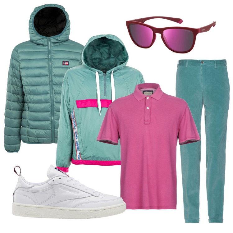 Outfit uomo - Alternativo. Stile Urban per Tutti i giorni. Abbinamento con giacche, piumini, sneakers, pantaloni, polo, occhiali da sole.