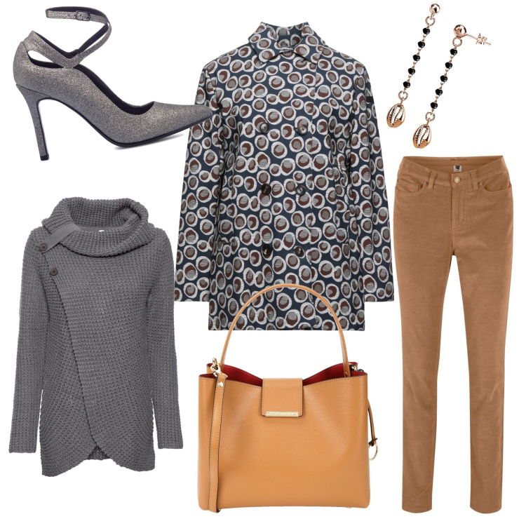 Outfit donna - Economico ma elegante. Stile Casual chic per Ufficio. Abbinamento con maglieria, pantaloni skinny, trench, borse a mano, orecchini, décolleté.