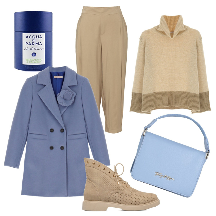 Outfit donna - Casual chic #4321. Stile Casual chic per Ufficio. Abbinamento con pantaloni, borse a mano, pullovers, cappotti, stivaletti, profumi.