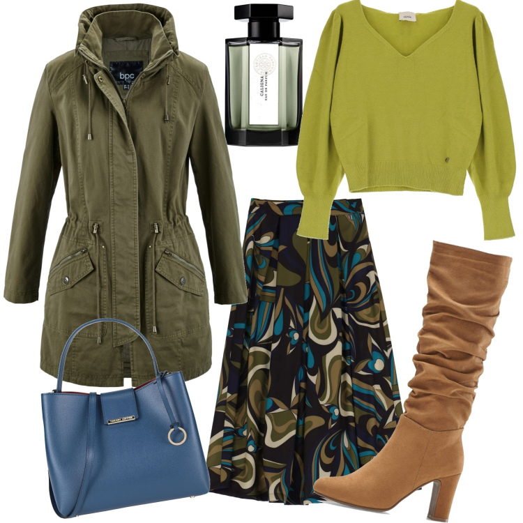 Outfit donna - Casual #3346. Stile Casual per Tutti i giorni. Abbinamento con parka, stivali, borse a mano, gonne longuette, pullovers, profumi.