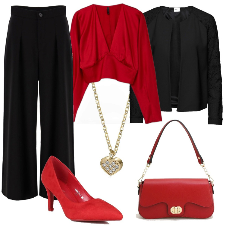 Outfit donna - Febbraio, il mese degli innamorati. Stile Casual chic per Serata fuori. Abbinamento con blazer, décolleté, collane, pantaloni, pochette, bluse.