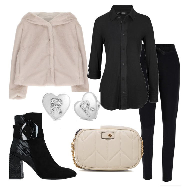 Outfit donna - Molto R. Stile Basic per Serata fuori. Abbinamento con camicie, stivaletti, orecchini, giacche, pantaloni, borse a tracolla.