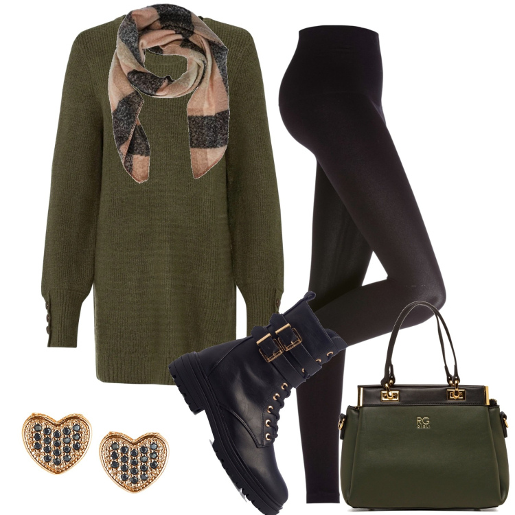 Outfit donna - Il pull lungo. Stile Basic per Tutti i giorni. Abbinamento con maglieria, leggings, orecchini, anfibi, borse a spalla, sciarpe.