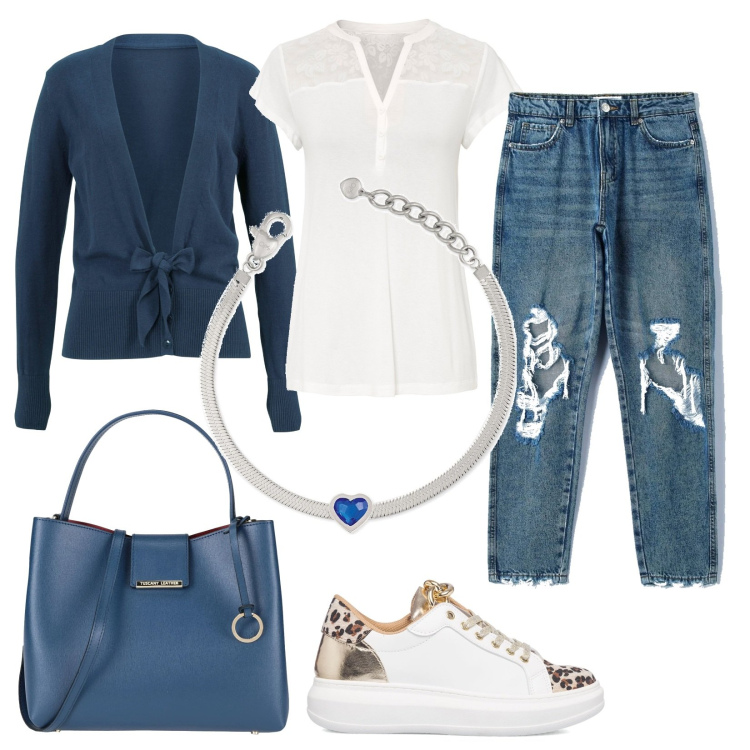 Outfit donna - Romantica sportiva. Stile Sporty chic per Tutti i giorni. Abbinamento con borse a mano, maglieria, cardigans, jeans boyfriend, braccialetti, sneakers.