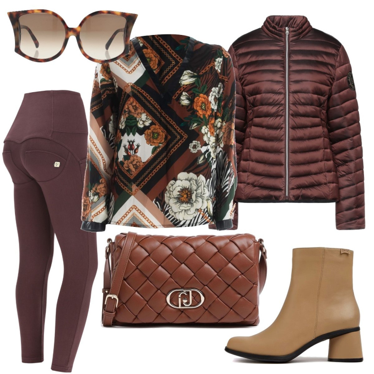 Outfit donna - La mia terra. Stile Bon Ton per Ufficio. Abbinamento con piumini, occhiali da sole, stivaletti, borse a tracolla, bluse, pantaloni skinny.