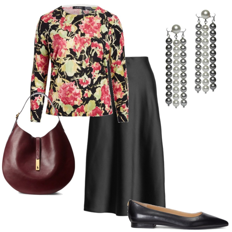 Outfit donna - Le ballerine nere in pelle. Stile Bon Ton per Serata fuori. Abbinamento con orecchini, ballerine, gonne longuette, borse a spalla, maglieria.