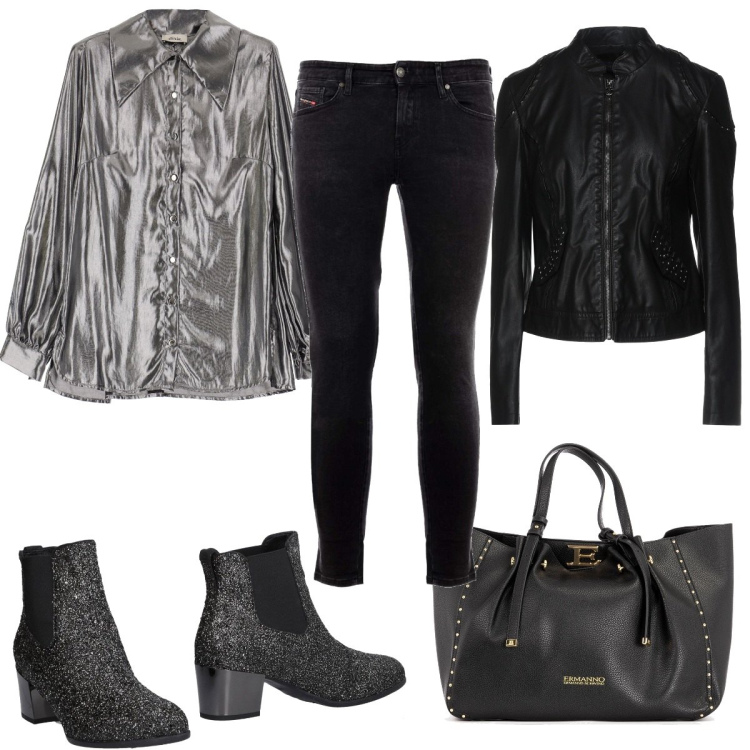 Outfit donna - Dov\'è- Le Vibrazioni. Stile Rock per Serata fuori. Abbinamento con stivaletti chelsea, giacche, borse a mano, jeans, camicie.