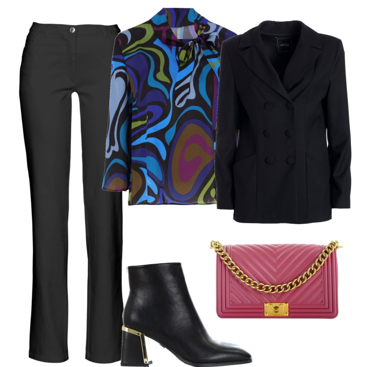 Outfit donna - La blusa con il fiocco. Stile Casual chic per Tutti i giorni. Abbinamento con pantaloni, stivaletti, borse a tracolla, blazer, bluse.