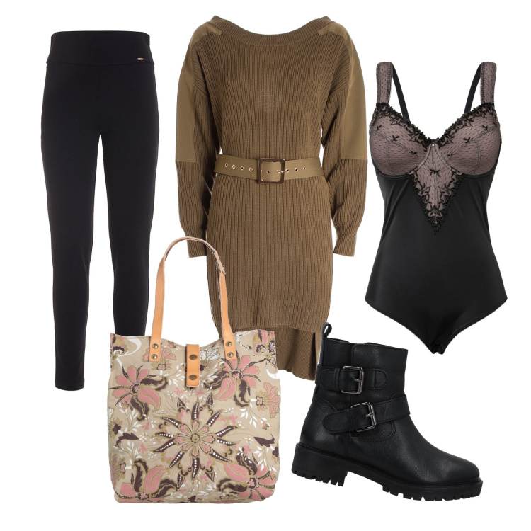 Outfit donna - Maglione abito. Stile Urban per Tutti i giorni. Abbinamento con body, stivaletti, borse a mano, vestiti lunghi, leggings.
