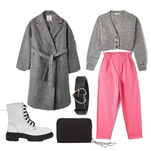 Outfit donna - Rosa, dolce e romantico. Stile Sporty chic per Scuola/Università. Abbinamento con cinture, cappotti, portafogli, cardigans, pantaloni, anfibi.