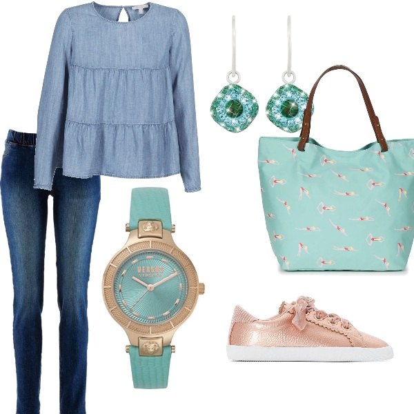 Outfit donna - Trendy #19766. Stile Trendy per Tutti i giorni. Abbinamento con treggings, camicetta blu, borsa petite blu, sneakers sport con lacci, orecchini in argento 925, orologio con cinturino e borchie.