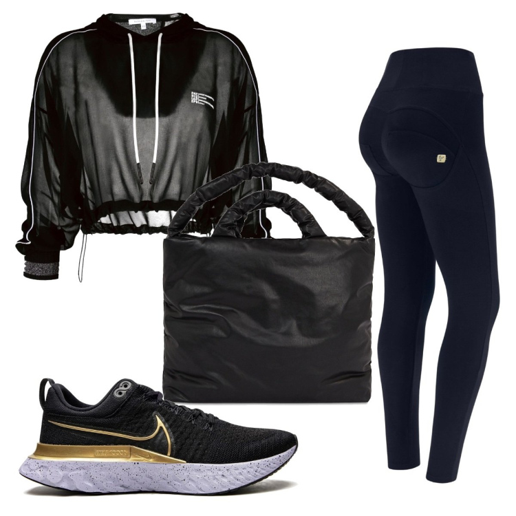 Outfit donna - Total look #1538430. Stile Basic per Sport. Abbinamento con felpe con cappuccio, sneakers, pantaloni skinny, shopping bag.