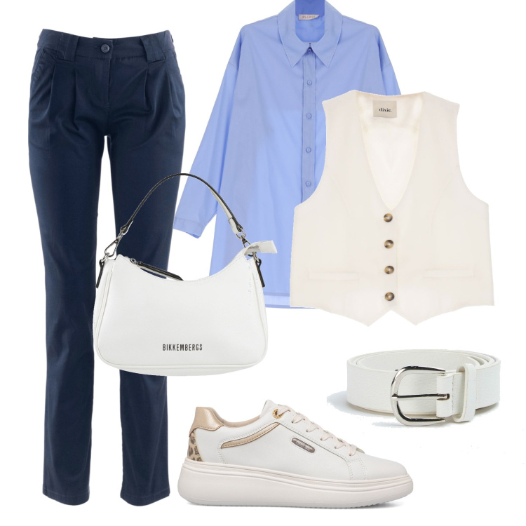 Outfit donna - Il gilet bianco. Stile Basic per Tutti i giorni. Abbinamento con pantaloni chino, borse a mano, cinture, camicie, gilet, sneakers.