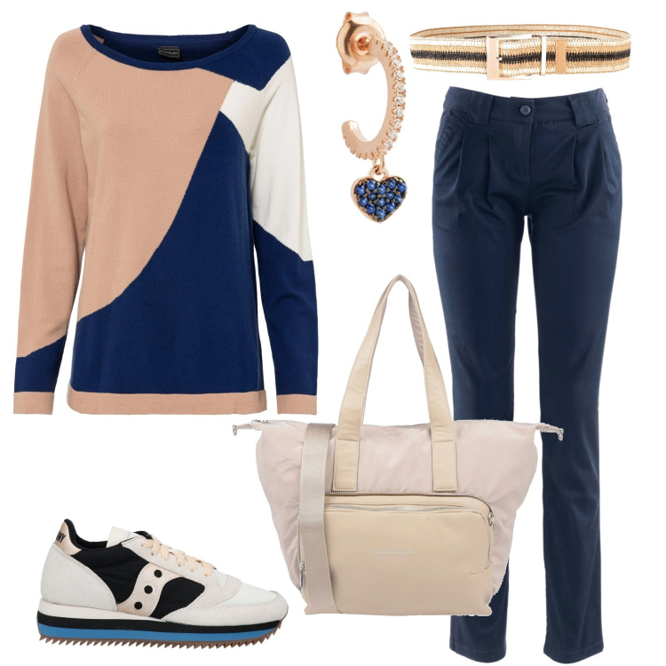 Outfit donna - Il pull tricolors. Stile Basic per Tutti i giorni. Abbinamento con pantaloni chino, maglieria, cinture, sneakers, borse a spalla, orecchini.