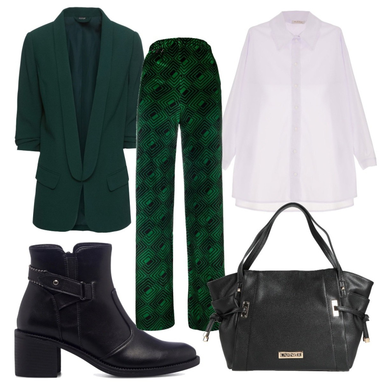 Outfit donna - Total look #1538869. Stile Trendy per Tutti i giorni. Abbinamento con blazer, borse a mano, camicie, pantaloni a palazzo, stivaletti.