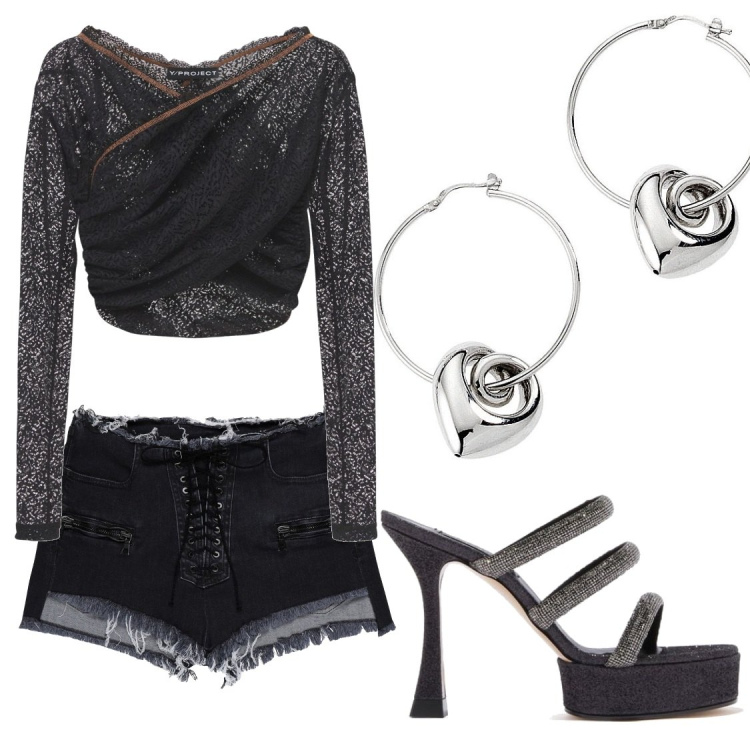 Outfit donna - La canzone Vivo di Levante. Stile Rock per Serata fuori. Abbinamento con shorts, orecchini, sandali col tacco, top.