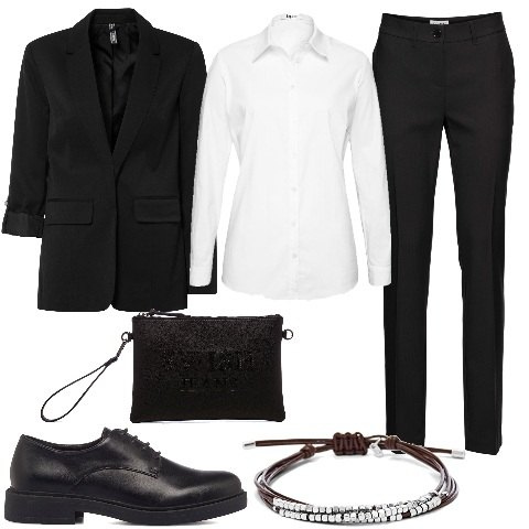 Outfit donna - Tuxedo o un tailleurs elegantissimo. Stile Glamour per Tutti i giorni. Abbinamento con pantaloni, camicie, blazer, scarpe stringate, borse a tracolla, braccialetti.