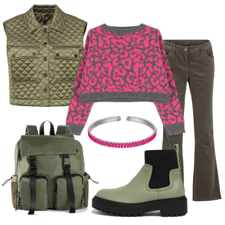 Outfit donna - Il gilet trapuntato. Stile Trendy per Scuola/Università. Abbinamento con pantaloni, gilet, zaini, pullovers, braccialetti, stivali.
