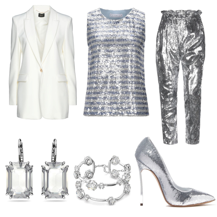 Outfit donna - Let It Be (cover di Mengoni). Stile Glamour per Serata fuori. Abbinamento con top, blazer, pantaloni, braccialetti, orecchini, décolleté.