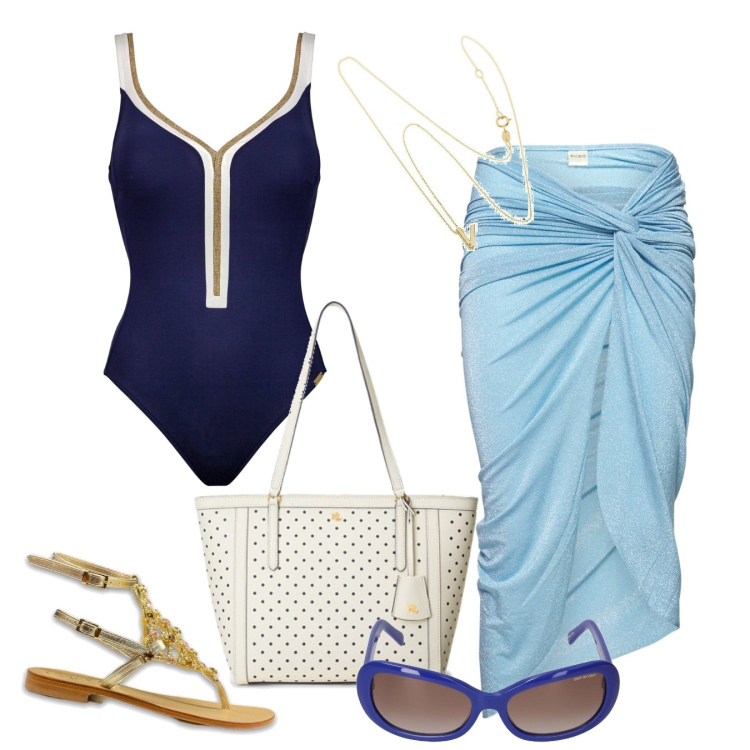 Outfit donna - Splash (Colapesce Dimartino 2023). Stile Chic per Mare. Abbinamento con collane, costumi, infradito, borse tote, vestiti da spiaggia, occhiali da sole.