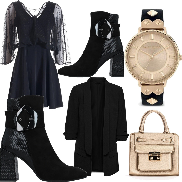 Outfit donna - Ultimo nero. Stile Glamour per Serata fuori. Abbinamento con blazer, stivaletti, vestiti corti, borse a mano, orologi.