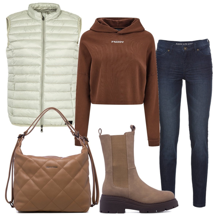 Outfit donna - Il freddo al cacao. Stile Casual per Tutti i giorni. Abbinamento con jeans skinny, piumini, felpe con cappuccio, stivaletti, zaini.