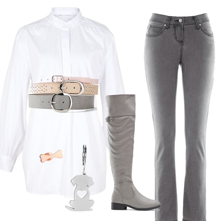Outfit donna - Friend Dog. Stile Glamour per Tutti i giorni. Abbinamento con jeans slim fit, cinture, camicie, stivali, orecchini.