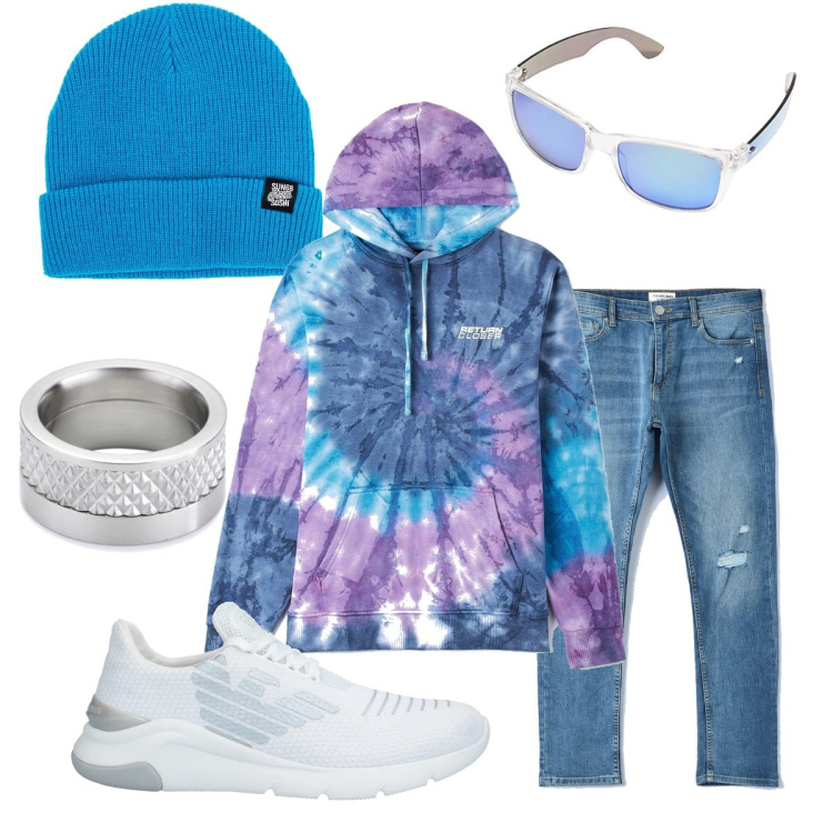 Outfit uomo - Stile urbano. Stile Urban per Tutti i giorni. Abbinamento con berretti, sneakers, felpe con cappuccio, jeans, occhiali da sole, anelli.