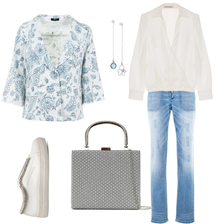 Outfit donna - Casual #3705. Stile Casual per Tutti i giorni. Abbinamento con jeans boyfriend, borse a mano, orecchini, camicie, blazer, sneakers.