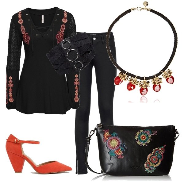 Outfit donna - Fantasia floreale con eleganza. Stile Trendy per Tutti i giorni. Abbinamento con pantaloni, top con pizzo e scollo nero, scarpe a punta pianta larga in denim, cintura, borsa a tracolla nero, collana.