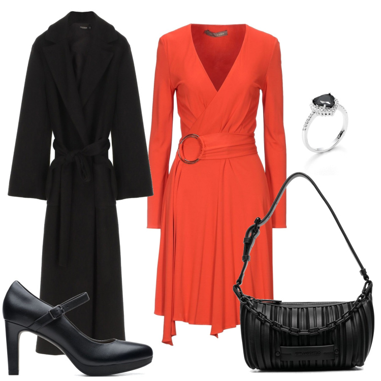 Outfit donna - L\'abito con la fibbia. Stile Basic per Serata fuori. Abbinamento con vestiti midi/longuette, cappotti, anelli, décolleté, borse a spalla.