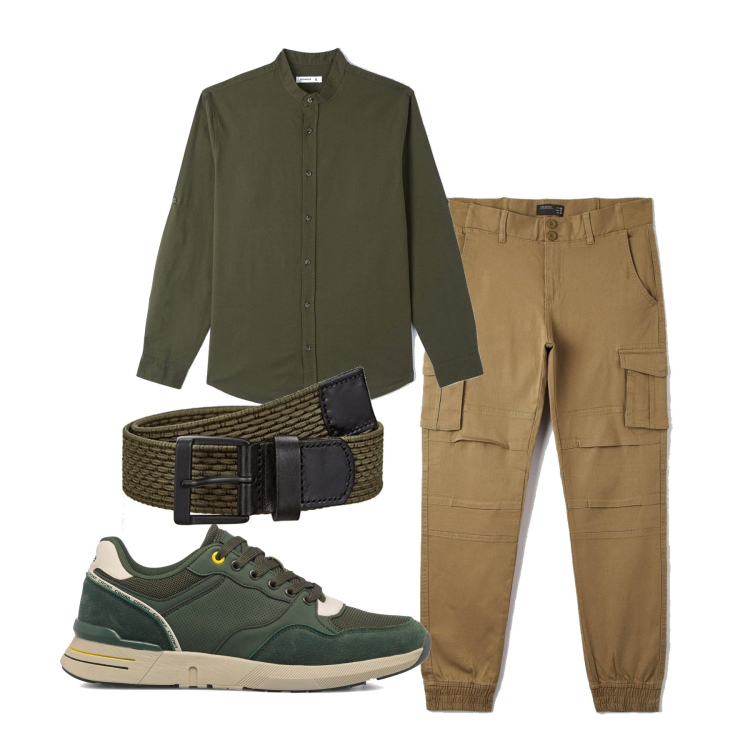 Outfit uomo - Quasi military. Stile Trendy per Tutti i giorni. Abbinamento con camicie, pantaloni cargo, sneakers, cinture.