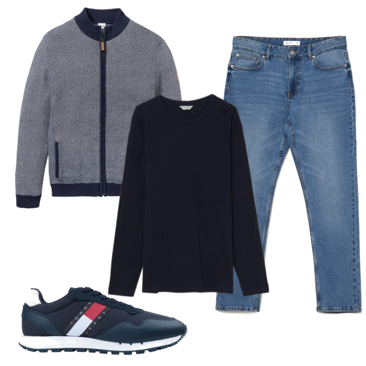Outfit uomo - Total look #1540713. Stile Casual per Ufficio. Abbinamento con cardigans, sneakers, jeans, t-shirt.