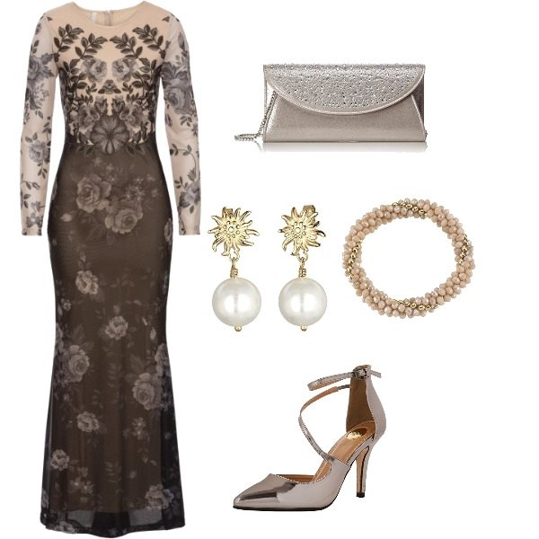 Outfit donna - Vigilia di Natale. Stile Chic per Cerimonia. Abbinamento con vestito fantasia floreale beige, scarpe con cinturino effetto metallizzato argento, bracciale oro, orecchini, shopping bag.