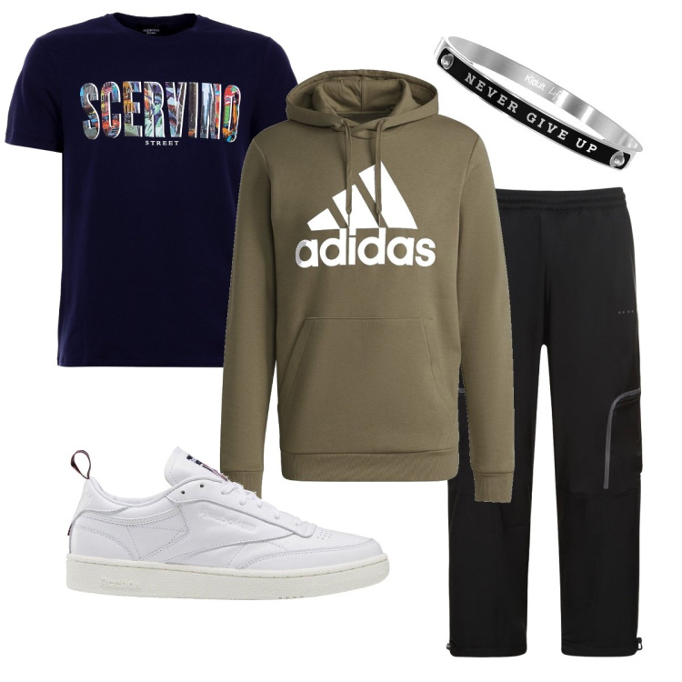 Outfit uomo - Never give Up. Stile Urban per Tutti i giorni. Abbinamento con t-shirt, braccialetti, sneakers, felpe con cappuccio, pantaloni cargo.