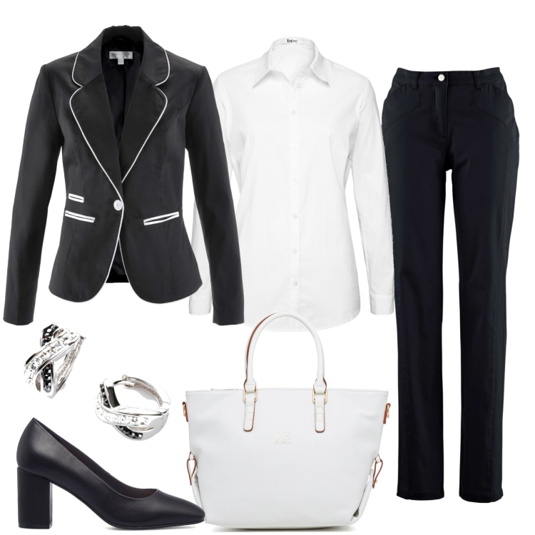Outfit donna - Formale in ufficio. Stile Chic per Ufficio. Abbinamento con camicie, blazer, pantaloni sportivi, orecchini, borse a mano, décolleté.