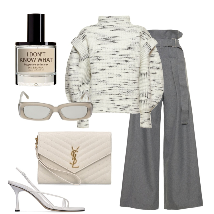 Outfit donna - Minimal chic. Stile Casual chic per Tutti i giorni. Abbinamento con pochette, pantaloni, maglieria, profumi, sandali in pelle, occhiali da sole.