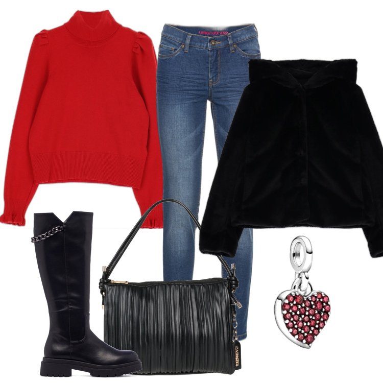 Outfit donna - San Valentino col pulloverino. Stile Romantica per Tutti i giorni. Abbinamento con jeans skinny, borse a mano, giacche, maglieria, stivali, ciondoli.