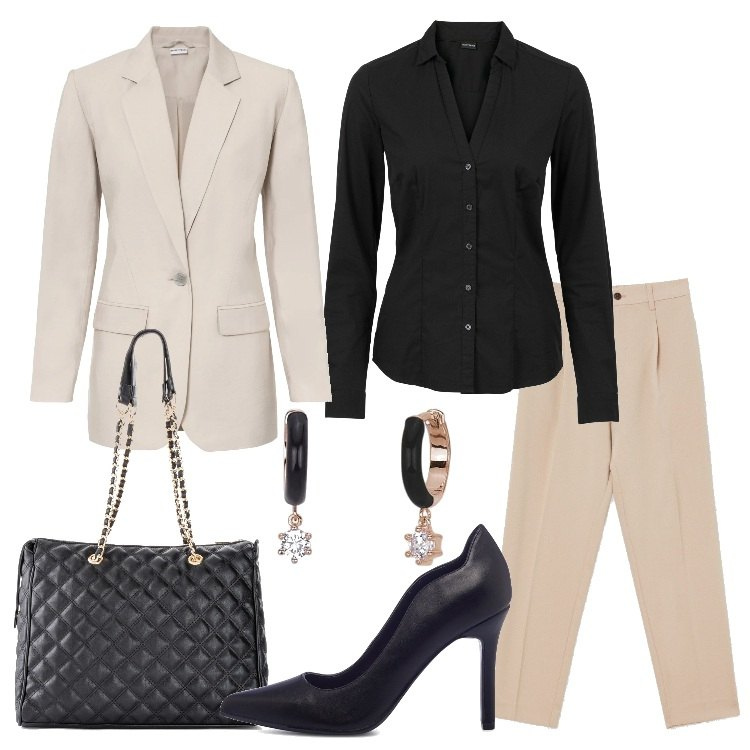 Outfit donna - Stile formale in ufficio. Stile Chic per Ufficio. Abbinamento con camicie, shopping bag, blazer, orecchini, pantaloni, décolleté.