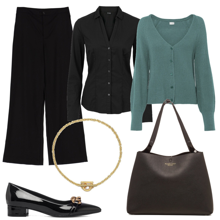 Outfit donna - Ufficio ambiente formale. Stile Minimal per Ufficio. Abbinamento con camicie, cardigans, pantaloni a palazzo, collane, décolleté, borse a spalla.