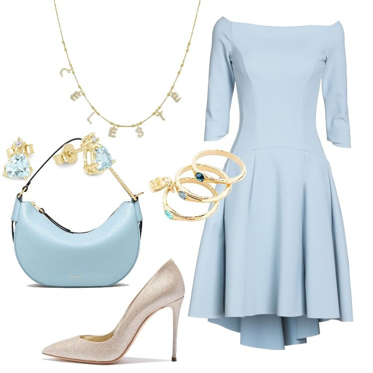 Outfit donna - Gioielli e accessori da regalare. Stile Chic per Serata fuori. Abbinamento con vestiti corti, anelli, collane, orecchini, borse a spalla, décolleté.