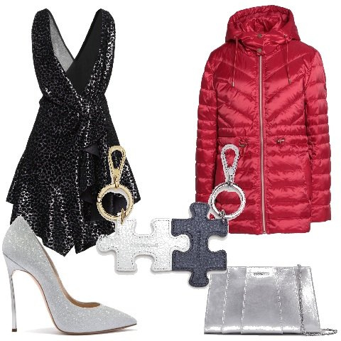 Outfit donna - Gioielli e accessori da regalare. Stile Glamour per Serata fuori. Abbinamento con piumini, vestiti corti, portachiavi, clutch, décolleté.