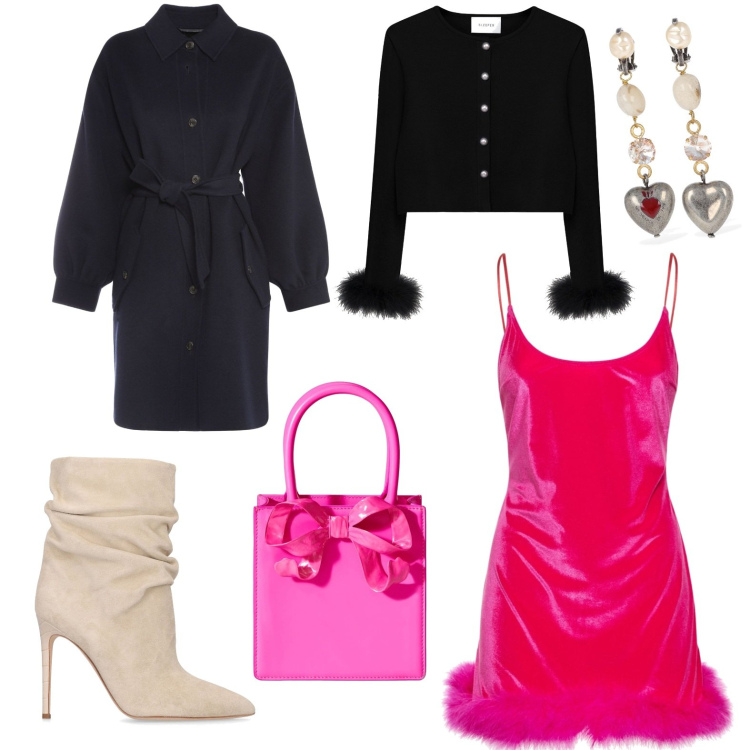 Outfit donna - Romantica #696. Stile Romantica per Serata fuori. Abbinamento con vestiti, stivaletti, blazer, cappotti, borse a mano, orecchini.