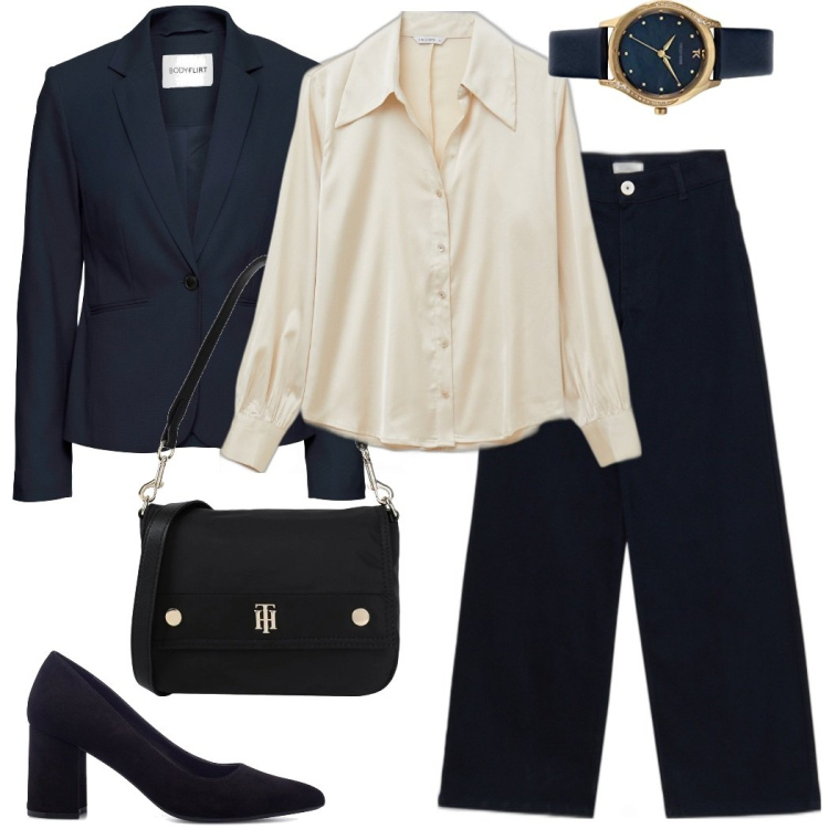 Outfit donna - Ufficio formale. Stile Mannish per Ufficio. Abbinamento con blazer, borse a mano, pantaloni, camicie, décolleté, orologi.
