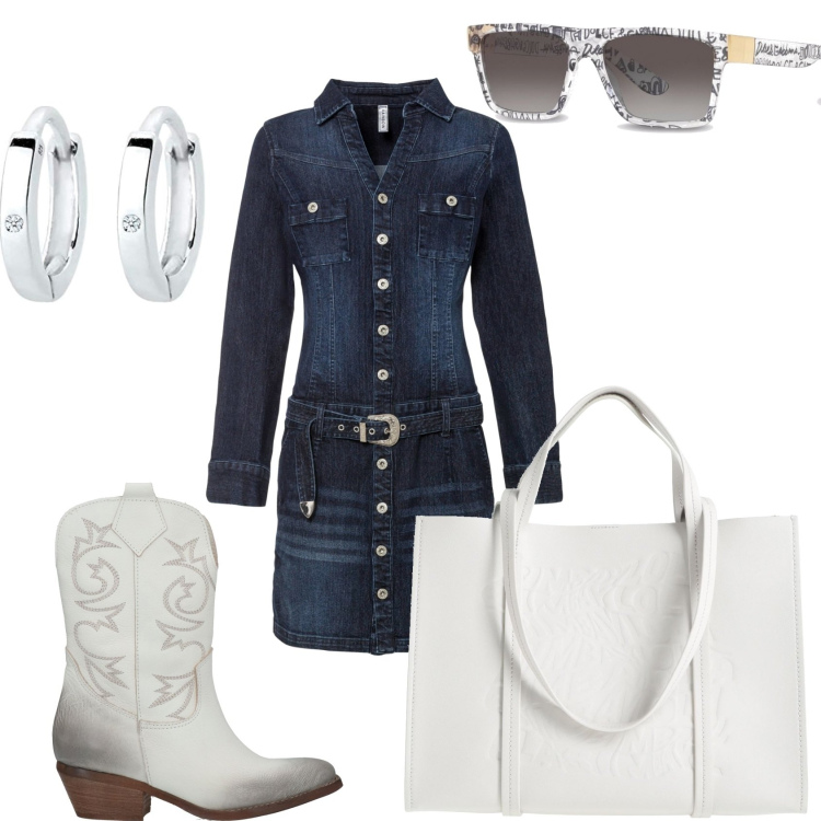 Outfit donna - Vestitino jeans e stivali. Stile Trendy per Tutti i giorni. Abbinamento con vestiti, borse a mano, stivaletti, occhiali da sole, orecchini.