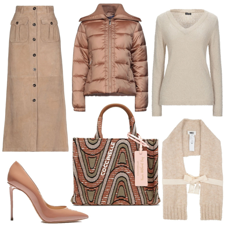 Outfit donna - Gradazioni. Stile Trendy per Ufficio. Abbinamento con piumini, sciarpe, gonne lunghe, pullovers, borse a mano, décolleté.