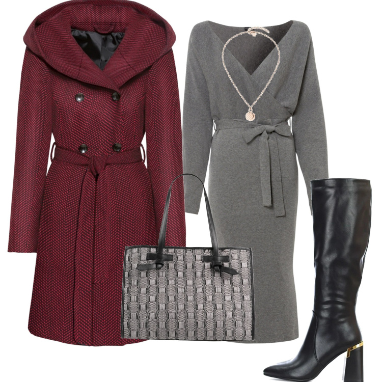 Outfit donna - In città. Stile Casual chic per Tutti i giorni. Abbinamento con cappotti, vestiti, borse a mano, stivali, ciondoli.