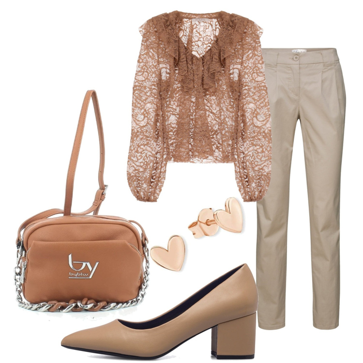 Outfit donna - Pizzi e cuori. Stile Romantica per Tutti i giorni. Abbinamento con pantaloni chino, bluse, borse a tracolla, décolleté, orecchini.